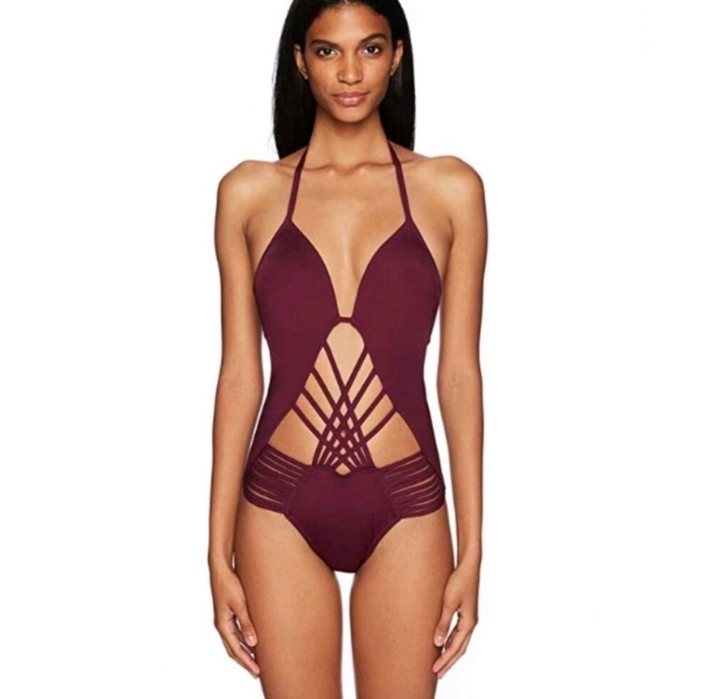 Kenneth Cole New York Women's Macrame Push-Up One Piece Swimsuit Purple Maroon L